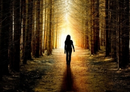 Woman walking in forest sunrise