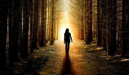 Woman walking in forest sunrise