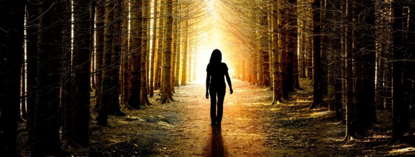Woman walking in forest sunrise